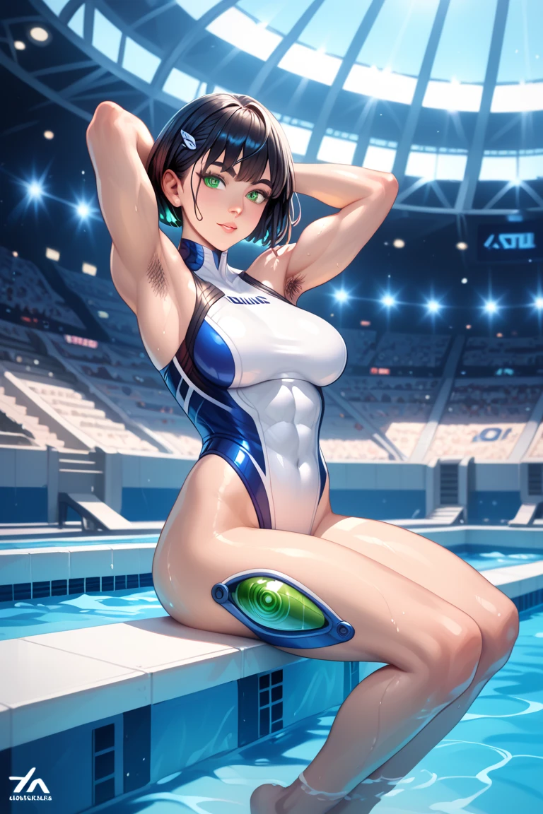 (((solo))), Masterpiece,(share),Open your legs towards the viewer,One cute girl, Highest quality,High resolution,High resolution,Highly detailed CG,8K Unit Wallpaper,17 years old,Beautiful attention to detail,small Breasts,Bobcut,Biomechanical OPPAI,Grid girl posing on the circuit,No sleeve,,(Shiny body:1.3),Open your mouth, blush, Sweat,Embarrassed,sexy,(visible nipples:0.7),(camel toe:0.3),Dark Hair,E-10, blue one-piece swimsuit,,((sit)),