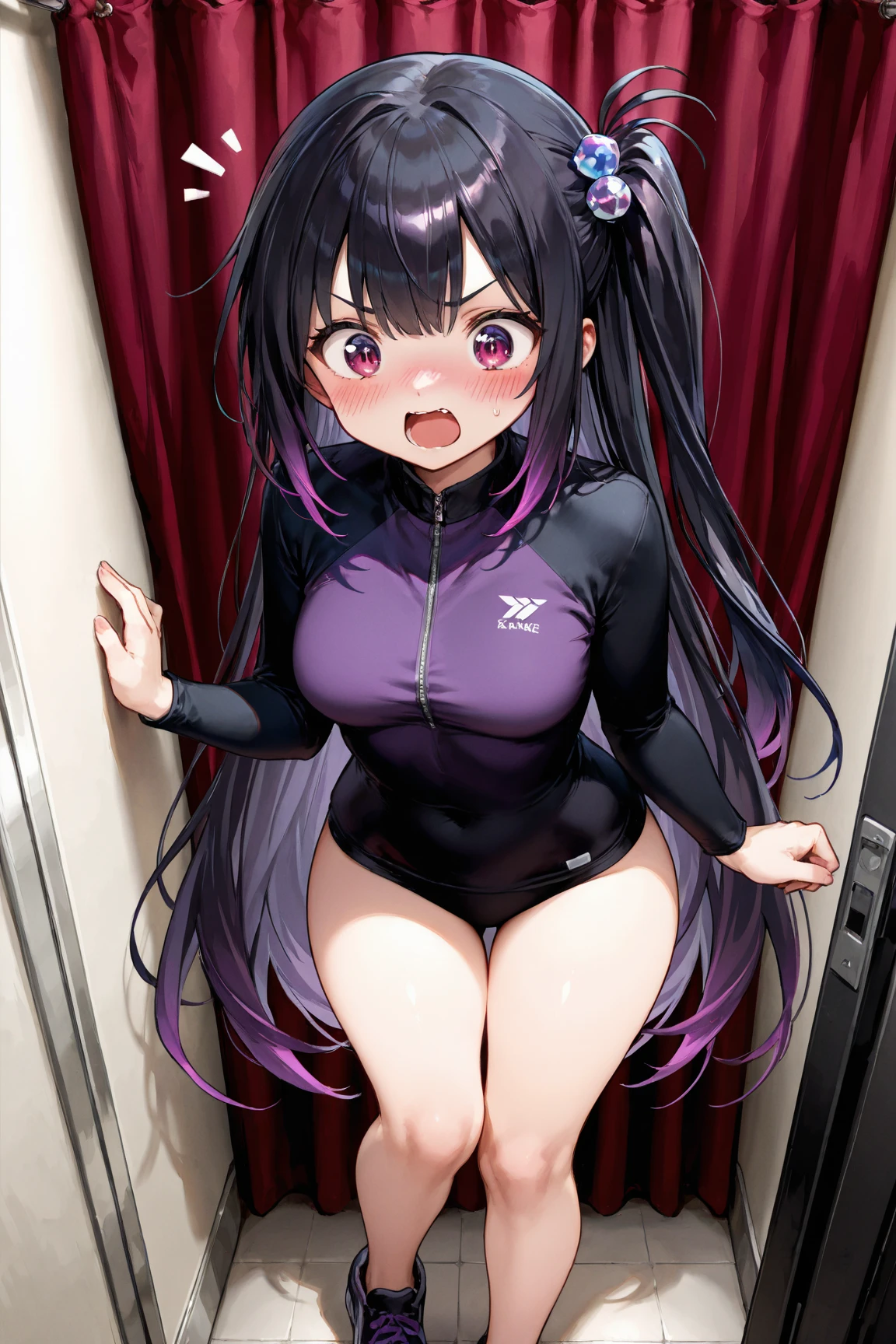 masterpiece, best quality, ultra detailed,,1girl, blush, sweat, hair ribbon, long hair, twin tails, ((school swimsuit)), pantyhose, slender, lie on bed, spread legs