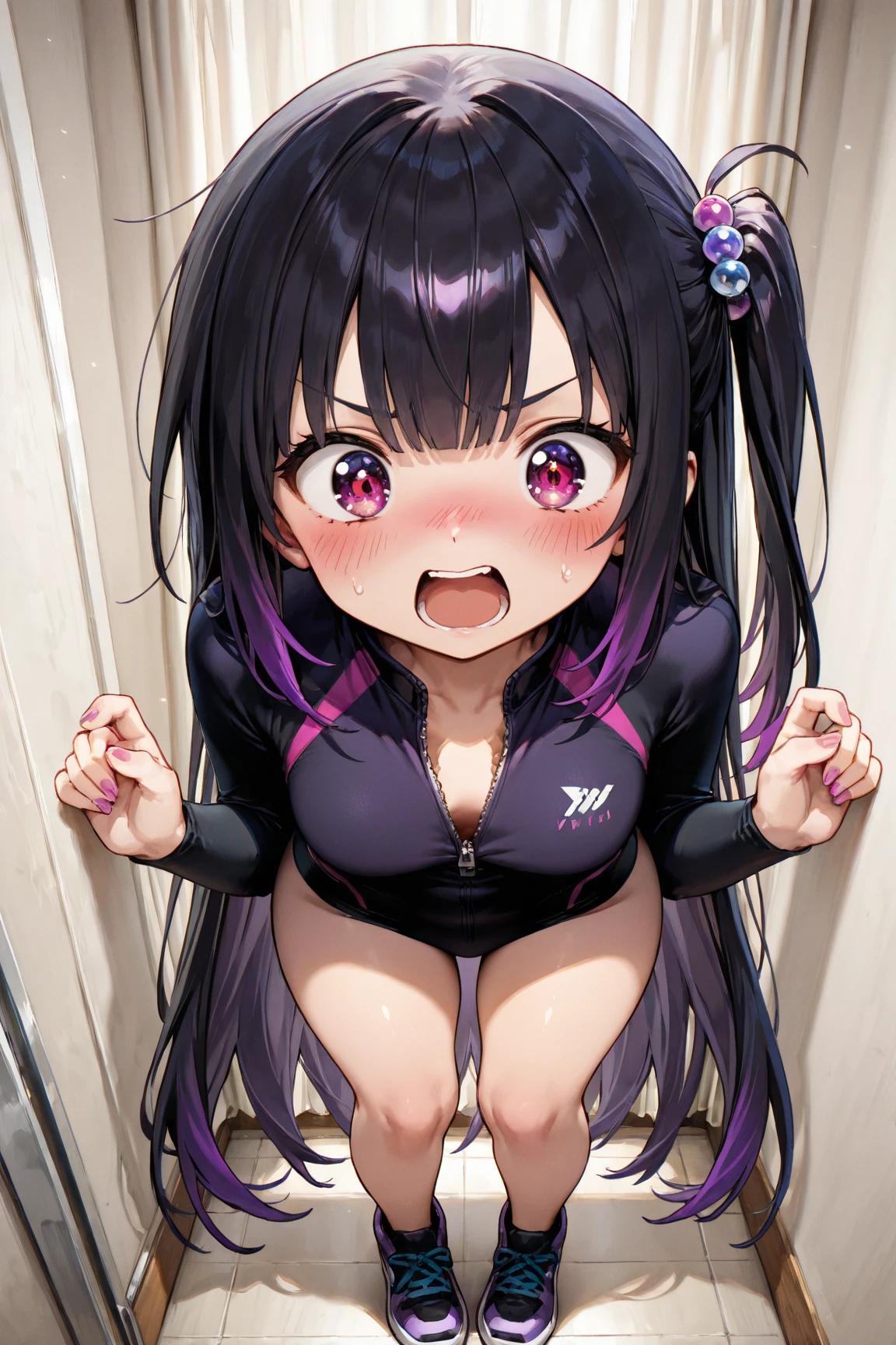 nsfw、masterpiece、Best image quality、Ultra-high resolution、(perfect anatomy:1.3)、(gleaming skin:1.5)、extra huge breast、(curvy:1.4)、hime_cut、gradient hair、black hair、purple hair、low Twintail、(ahegao:1.4)、(heart-shaped eyes:1.4)、sailor uniform、(purple lace panty:1.2)、black thighhighs、skindantation、double v、(bukkake cum on face:1.3)、(bukkake cum on body :1.4)、(shiny:1.2)、(steam:1.2)、(Large amounts of fluid:1.3)、toilet、Public toilet、Toilet、(Large amounts of fluid:1.3)、A pile of used condoms on the floor、A packet of condoms is lying on the floor、messy room,too many dildos,condoms,vibrators,sex toys、from below、spread legs with squatting pose、toilet、public toilet、