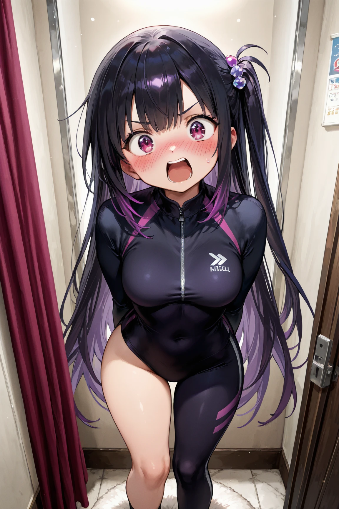 One Girl、Black scrunchie swimsuit、Fixed Vibrator、Expressionless、Love juice drips down my legs、first round、Cat ear、Paw Gloves、Front view、Black Mask、Earrings、Long Hair、ponytail、stand