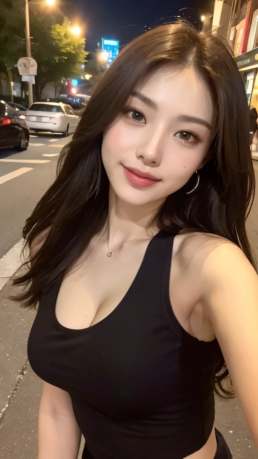 ((Day, Best Quality, 8K, Realistic)), Half body: 1.1, Slender abs: 1.2, ((Long layered dark brown hair: 1.2, Medium Breasts: 1.2)), (White crop top: 1.2, Black outerwear: 1.1, Tight pants: 1.1, Dark smoke tone aviator sunglasses: 1.1, Walking: 1.4), (Outdoor, Sky background: 1.1, Day light view), Highly detailed face and skin texture, detailed eyes, double eyelids, exposed cleavage, face selfie camera view, down angle camera view, seductive smile, (Face looking at the camera: 1.1, Holding the camera, Selfie: 1.2)