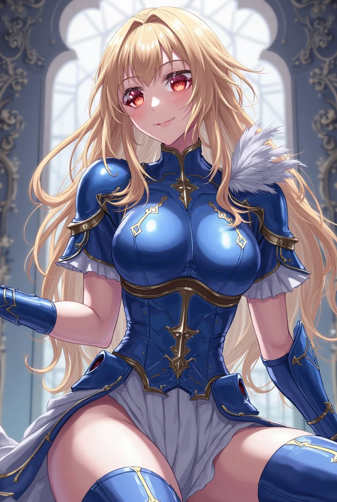 (Best quality, A high resolution, Textured skin, High quality, High details, High details,Extremely detailed CG unity), (female) Enchanted,having fun,Being in love,royal guard in fantasy world, blonde hair, blue eyes, wearing armor, wearing head gear, heavy armor, medieval armor, mini skirt, exquisite costume, Dazzle, woman, beautiful, (in royal castle), guarding castle, detailed castle scene
