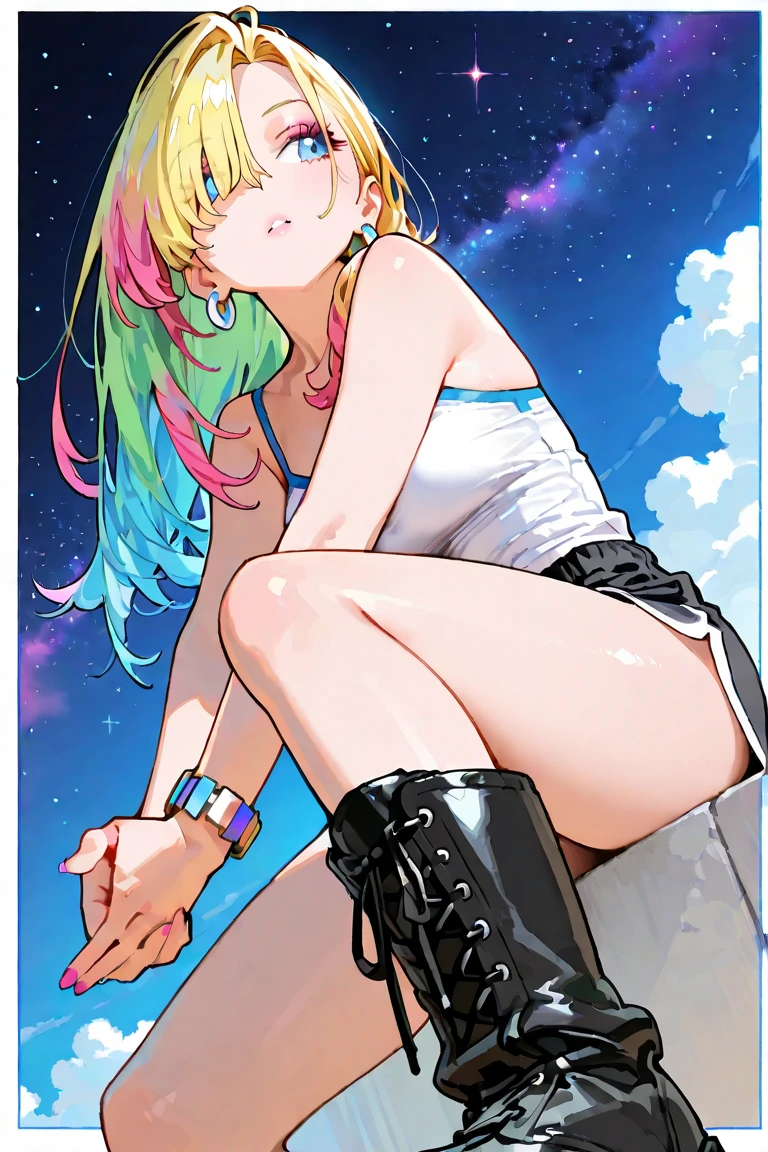 (highest quality)、(masterpiece:1.2)、(colorful:0.9)、(color scattering)、(watercolor painting)、sharp focuodel shot, High resolution, ) ((highest quality)), (Super detailed), (beautiful), alone, beautiful face、(Detailed cute woman sitting on a fluffy cloud, nude, in the night sky with twinkling stars and a beautiful glowing moon, listening to music with headphones on and happily closing her eyes:1.3)、(Colorful long shiny blonde hair:1.2),colorful eyes,dramatic、pastel colour