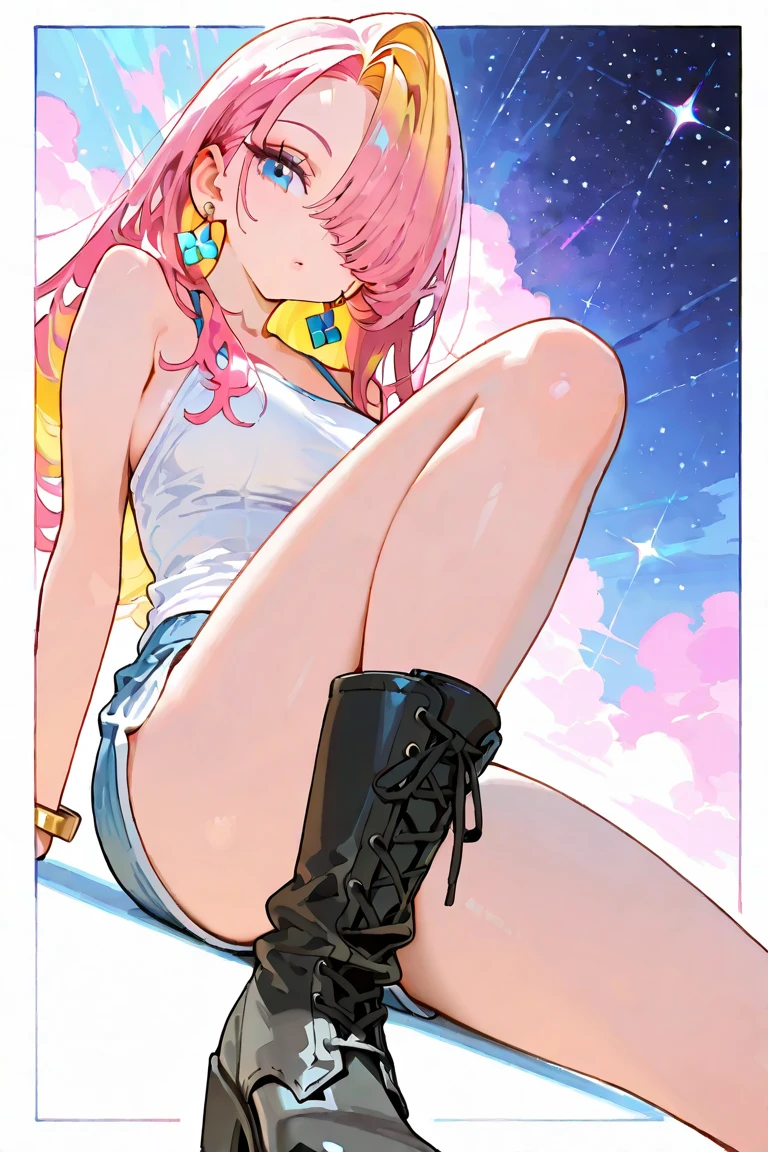 (beautiful girl : 1.3),1 girl,(camisole,bracelet,earrings,boots),Colorful Hair Color,long hair,Hair Over One Eye,No expression, cubism background, Starry Night Sky,Skyscrapers,Martial arts poses,dynamic angle,masterpiece,Best Quality,Rich Contrasts,High Definition,8k,high-definition CG unit wallpaper,Textures,unbelievably absurd,RAW pictures,Deep Border 1 .2,very detailed