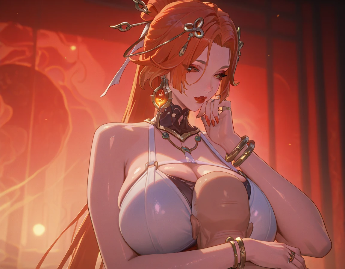 auspicious goddess, Tibetan Buddhism, masterpiece, best quality, super detailed, illustration, (super detailed face), (best face), clear texture, nuanced texture, vivid temple scene, soft and smooth lines, elegant and exquisite details, ultra-high-definition detail display, excellent image expression, 30 years old, adult, human wife, 1girl, super boobs, Lewd expression, Courtship, white socks, (no hands), red coiled hair, Buddha beads, ornate monk robes, pale skin, Buddhist disciples, chains, intricate details