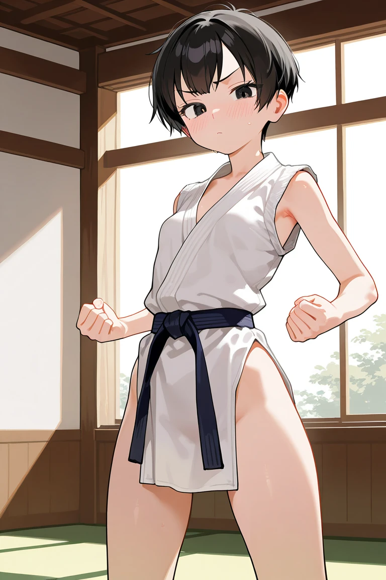 ((masterpiece, highest quality:1.2)),cowboy shot,1woman、20 year old beauty,Japanese、Karate athletes、solo,((very small head)),short bob hair,black hair,black eyes,A strong smile、,((very long and slender body)),skinny,toned body,medium breasts,oily skin,shiny skin,sweat,Karate posture、White karate uniform tops and bottoms、Black belt in karate、barefoot、Karate Dojo、Karate practice area、Tatami floor、