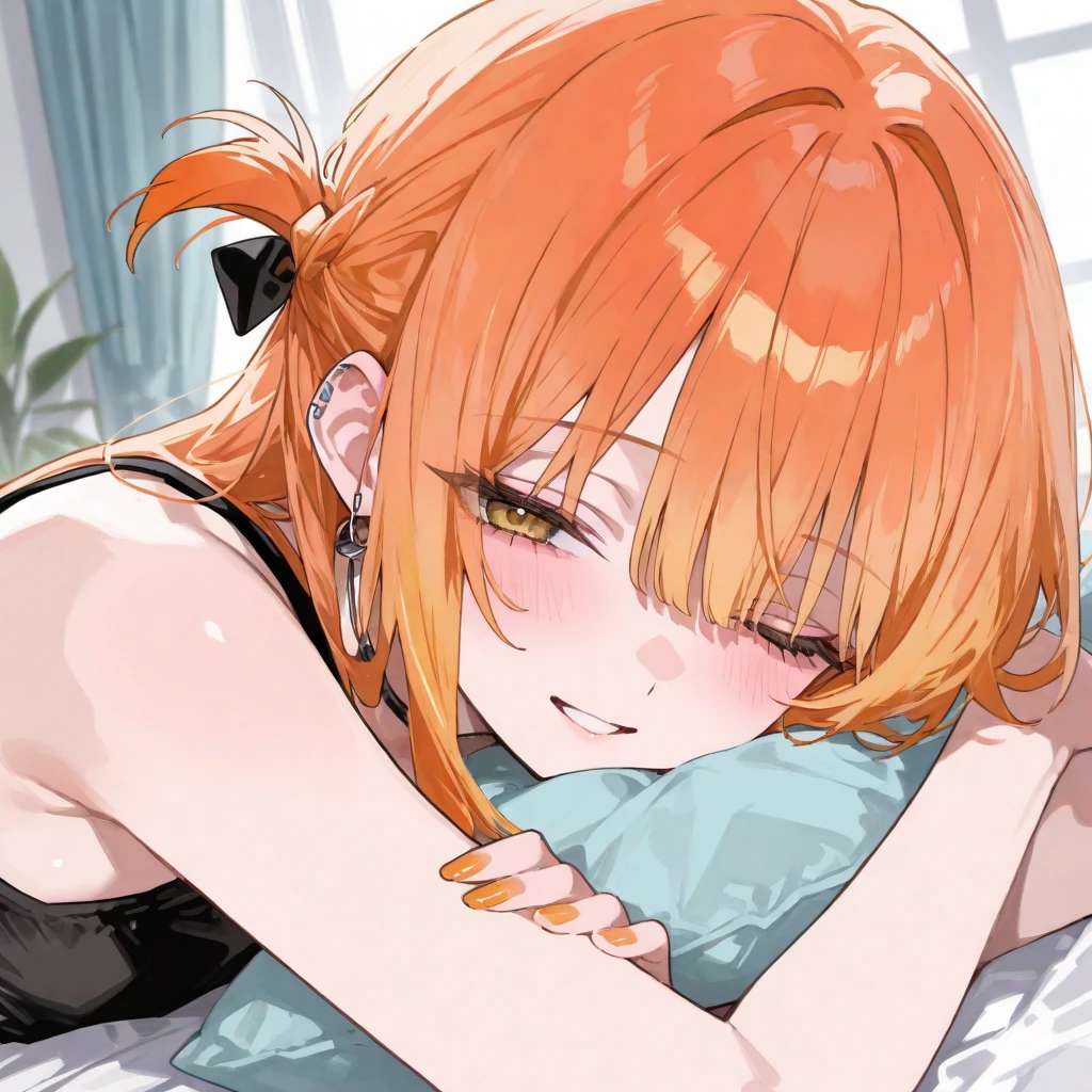 20 year old female, long orange hair, messy hair, perfect eyes, perfect silver irises, perfect pupils, thick thighs, baggy black shirt, shorts, comfy clothes, many ear piercings, ahegao face, tounge out, face close up, flustered, messy bedroom, otaku bedroom, laying on bed, highly detailed, best detail, best hands, right forearm tattoo, perfect tattoo