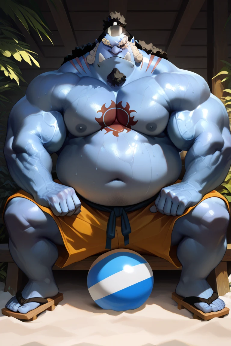 solo, 1boy, (Huge jinbei sitting in bench, park, blue skin, shorts, smile) (muscular, pectoral, chubby) (topless, shirtless), pool background, masterpiece, high detailed, 8k, high resolution