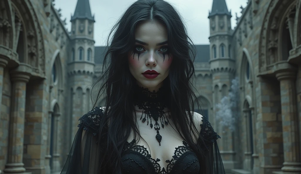 18-year-old girl in sexy gothic look models in front of an old Victorian castle,strap holders, strapse, corset