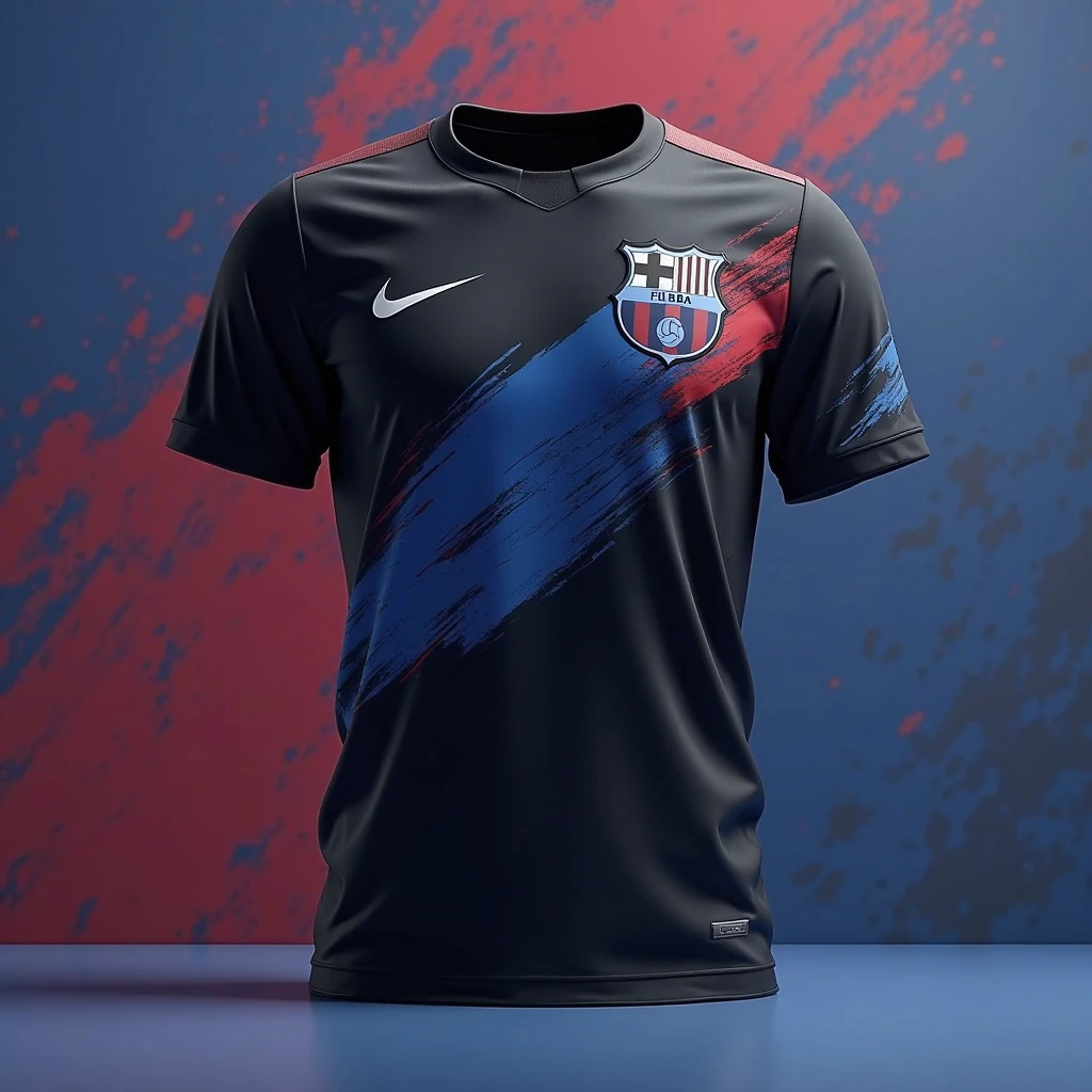 Create an image of a shirt similar to the current FC Barcelona jersey (24/25), but using the black colors/gray (una mitad negro y la otra mitad solo gray). DO NOT PLACE THE BARCELONA SHIELD, The shirt must be long-sleeved