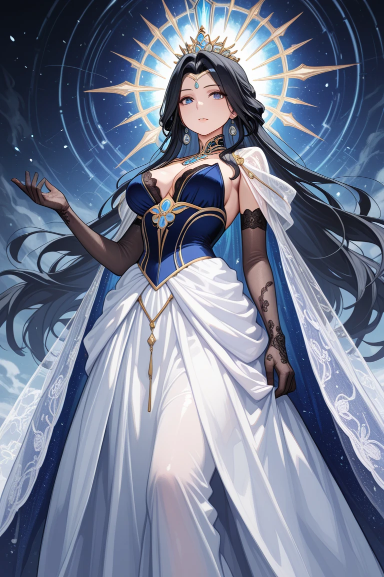 Esther is a 1 with light skin and short light brown hair. She has bangs hanging on both sides, blue "lapis lazuli" eyes. She wears a blue nun's robe. She wears a white nun's habit with a blue trim. She wears a rosary around her neck. and he holds a bible with golden leaves in his belt and he carries a golden pistol.