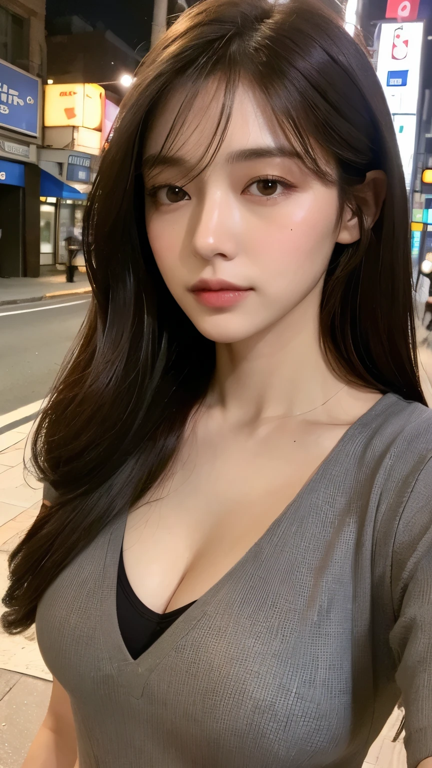 ((best qualtiy, 8K, tmasterpiece:1.3)), Sharp:1.2, perfect figure beautiful woman:1.4, Slim abs:1.2, ((Layered Hair Style, huge tit:1.3,cleavage:1.2)), (A long shirt with transparent wet black buttons:1.1),(Sateen,the street:1.2),Highly detailed facial and skin texture,A detailed eye,二重まぶた,Look sideways at the camera
