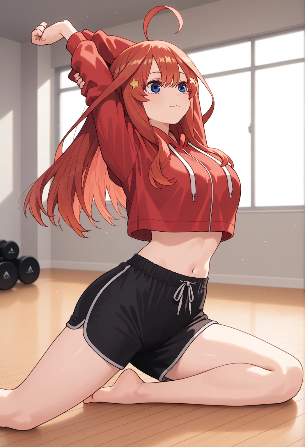 redhead, tanned skin, medium breasts, thick ass, black sports bra, black and white dolphin running shorts, black star shaped earrings, long ponytail, full body shot