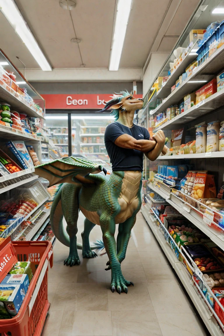 (raw photo, masterpiece, best quality, high detail), (8k, full frame, photorealistic, realistic), (far shot) photo of a (dinosaur:1.4 cashier) inside a grocery store, <lora:EdobDinosaurs_v1.0:1>