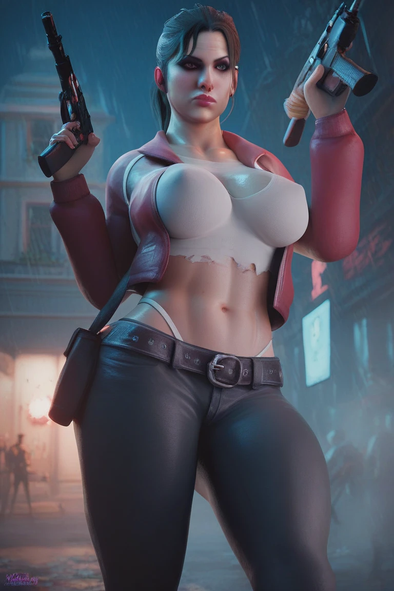 (masterpiece:1.2, Best Quality:1.2), ((Claire Redfield, super beautiful woman)), Resident evil, (Red jacket, White shirt, Long jeans, torn jeans), (Colossal tits:1.5, Huge boobs:1.5, Huge breasts:1.5, gigantic cleavage breasts:1.5), (Detailed face, Detailed skin texture, Perfect slim body), (calling at public telephone box:1.3, in public phone booth:1.3), Night, Dark atmosphere,