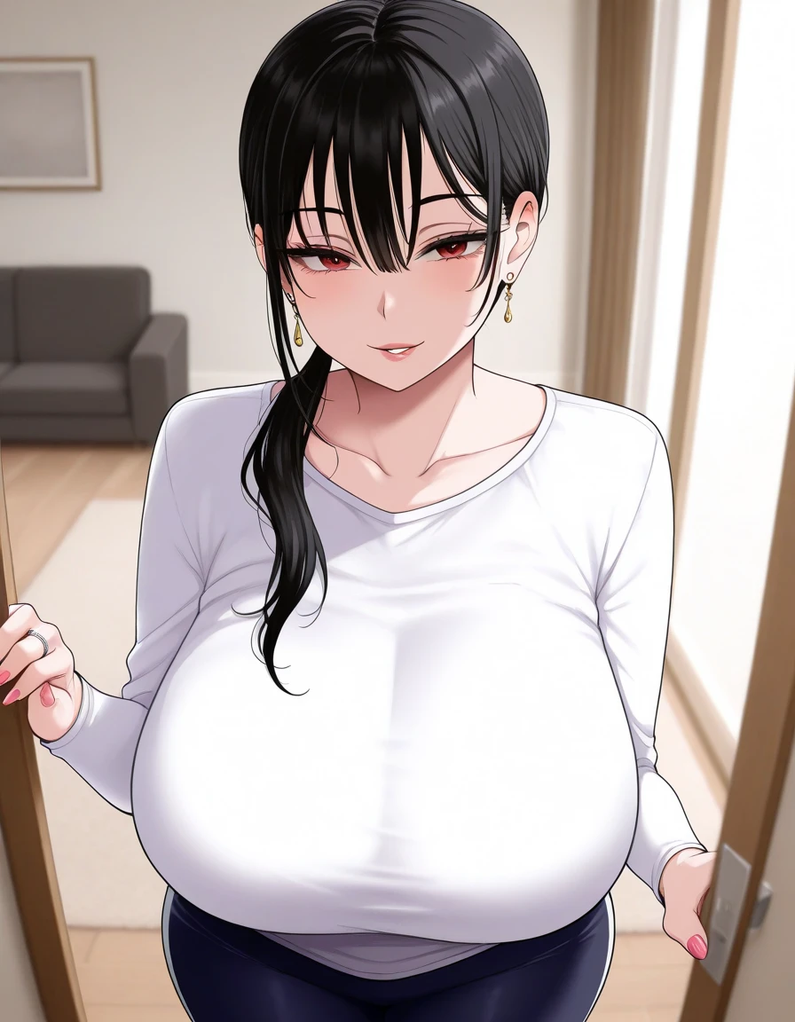 [ 4 k digital art ]!!,masterpiece,humid,high resolution,ultra detailed,mature woman,(seductive anime woman),black hair,blunt bangs,straight hair,(tareme:1.3),thick red lips,sweaty,curvy mature woman,necklace,(aroused and happy:1.5),drooling,excessive cum,sweaty,necklace,(sweater),earring,outdoor,night light,back alley,(empty eyes)
