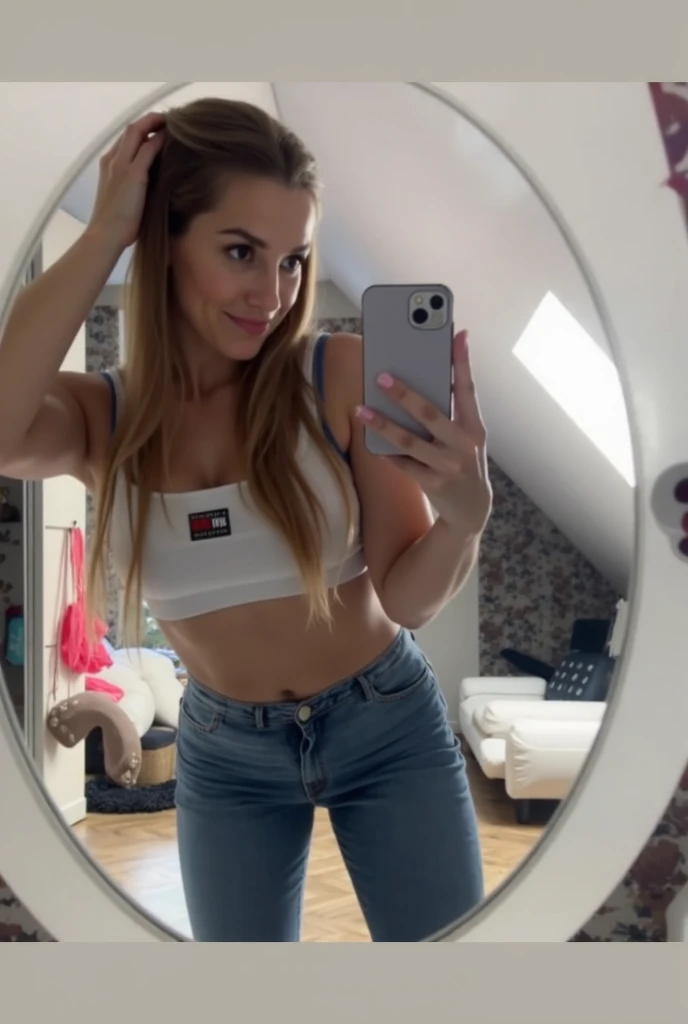beautiful redhead woman , photo in the mirror , in the living room of an apartment, highy detailed, expression of joy , 8k, 4k resolution, dynamic lighting, High definition resolution, well dressed, wearing casual clothes , wearing pants and tank top , with clothese, photo taken with cell phone,  photo for social network, beautiful breasts, photo in the mirror 