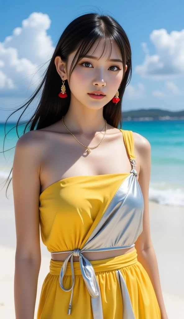 (8K resolution,Avatar Photo),(1 Female,27 years old,((Heart shaped face,The top is wide、The lower part is narrow,The forehead is wide and full,have a pointed chin,The eyes are round and full,Small open fan-shaped double eyelids,The lying silkworm is full.,The corners of the eyes are slightly raised,Thin upper lip,lower lip is plump,Delicate face,Detailed face),Shoulder-length hair,Roll inward),Fair and smooth skin,(Best Skin Type:1.21),(Off-the-shoulder fashion dresses,Luxury Necklace,Ultra-fine fiber material),(Beachside,Deep View),(Professional Lighting),((The color is uniform,(red,green))),(Golden Ratio,Cinema Lenses,Hasselblad Photography,masterpiece:1.3),(Delicate and cute,Full of charm,heroic,Fashion Art,Leading the trend,Artist,Art Platform)