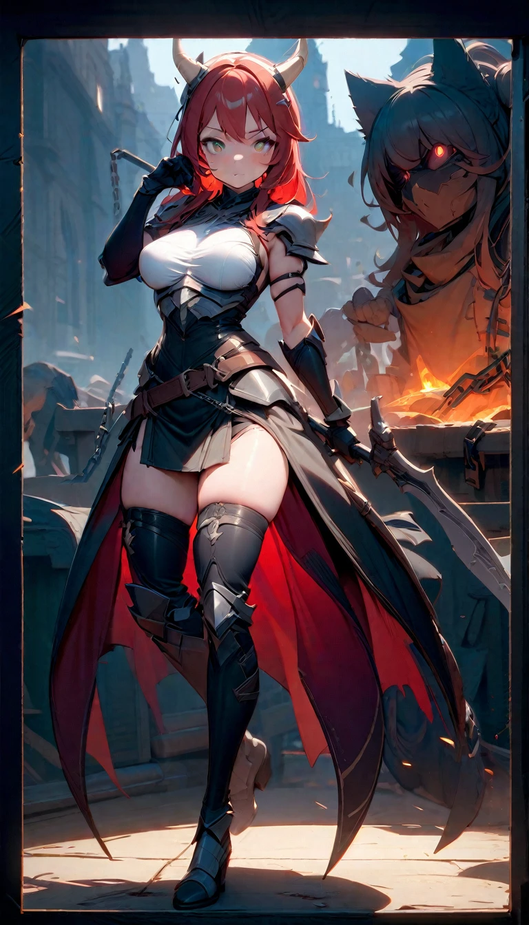 weird atmosphere, (best quality:1.1), (masterpiece:1.2), high quality shadow, beautiful detailed, (high detailed skin, skin details), (wide landscape, 8k), depth of field, highres, best illumination, (sexy), outdoors, blurry background, HD hair, beautiful face, perfect skin, red hair, long hair, (big breasts), blood particles, (night), sharp teeth, glowing red eyes,  blood on face, blood on clothes, blood splashing, female knight kneel in the war fields, white dress,  leavage, stocking, high heels, attack pose, close to viewer, gripping blue flame sword, heavy rain, in the grassland, foggy, wet body, wet hair,