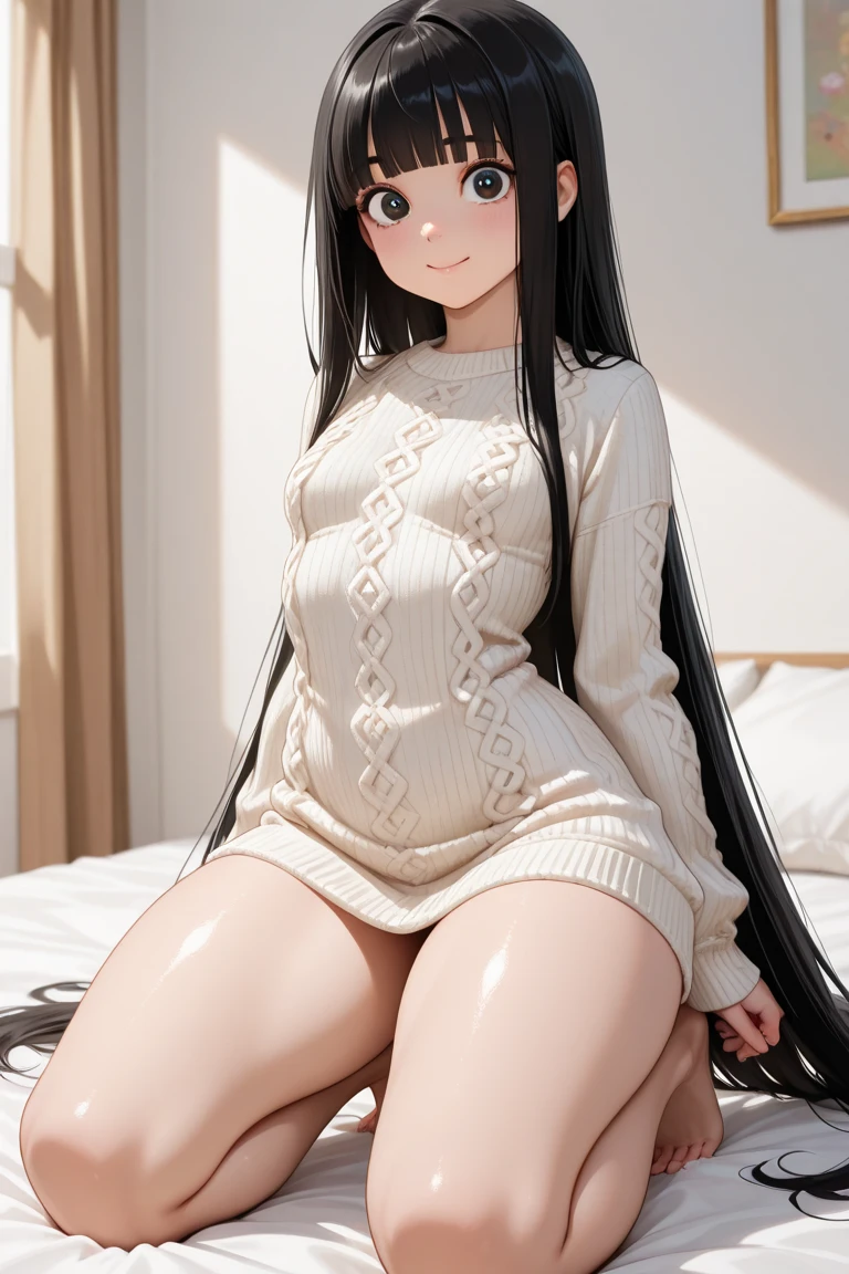 cute girl, super long hair, black hair, big hair, thick hair, big breasts, big butt, hourglass body, emphasis on hair, emphasis on eyes, emphasis on face, blush, smile,