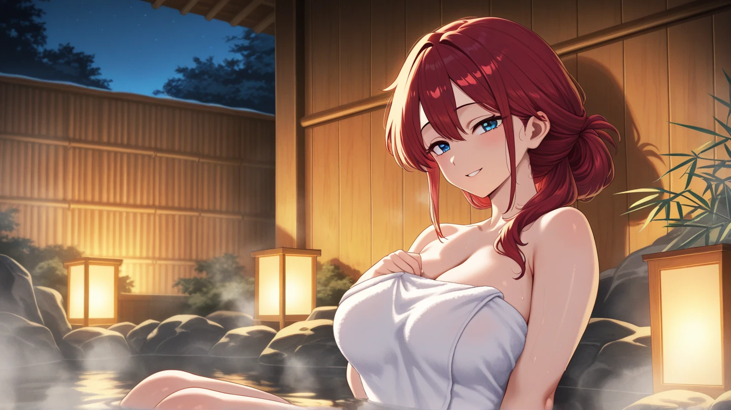 sunset shimmer, sitting in a sauna, covered by a towel