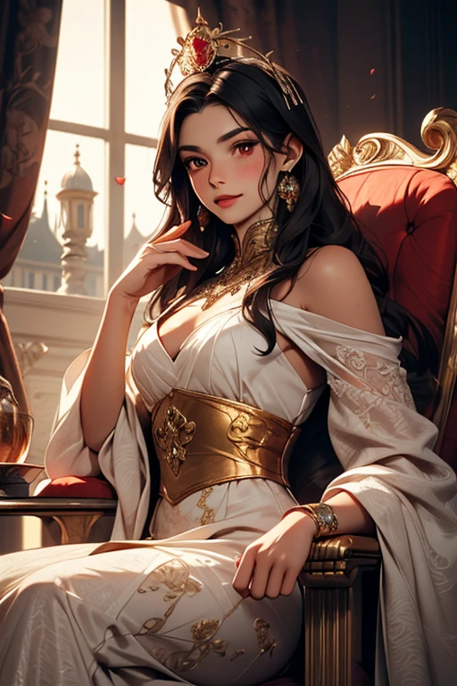 (best quality, masterpiece, ultra-detailed, extremely detailed, highres), (1girl, single, solo), 18 years old Anime girl, long raven hair, slightly wavy hair, parted bangs, open top collar, cleavage, (skin texture:0.7), Magus, green eyes, earring, long black coat, white shirt, black skirt, aristocrat, noble attire, beautiful, ethereal, elegant, prestigious, classic, royal palace, royal atmosphere, red lips, beautiful smile