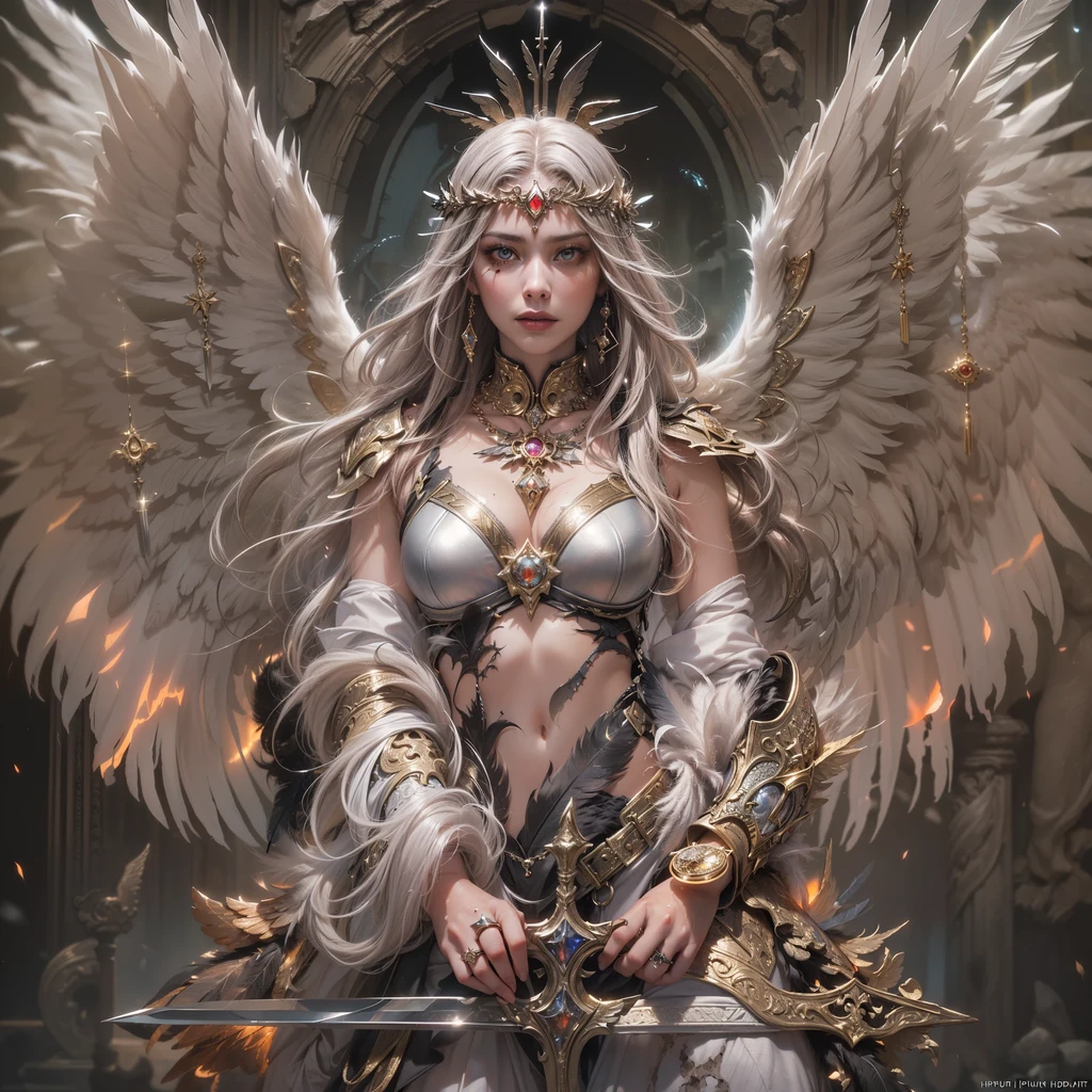fantasy art, RPG art [[a picture of 2 women]], , a female angel (Masterpiece, intricate details), wearing dress, pale skin, best details beautiful face (Masterpiece, intricate details), blond hair, long hair wavy hair (Masterpiece,  intricate details), blue eyes, high heeled boots, wearing a dresasterpiece, intricate details), large angelic wings, white angelic wings spread [AND] a female demon (Masterpiece, 1.3, intricate details), demon, red skin (Masterpiece,  intricate details), demonic wings, black demonic wings spread, demonic hornasterpiece), red skin (Masterpiece), black hair, red eyes, best details beautiful face (Masterpiece, intricate details), wearing a dressier piece: 1.3, intricate details), high heels, in the border between heaven and hell, moon, stars, clouds, god rays, soft natural light silhouette, dynamic angle, photorealism, panoramic view (Masterpiece 1.3, intense details) , Wide-Angle, Ultra Wide