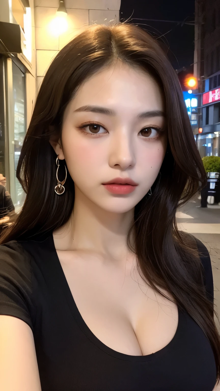 ((highest quality, 8k, masterpiece :1.3)), One girl, Selfie, close, Asking for a kiss:1.2, Slim face, Beautiful woman, (Dark brown hair), Big Breasts:1.3,White T-shirt, Highly detailed face, Fine grain, double eyelid,  Blur the background, Slim face, city, In the bus, street, sunny, null, nature