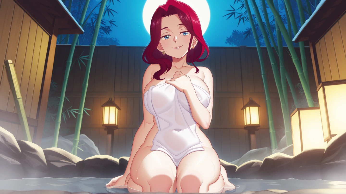 woman, red hair, long hair, red lipstick, lying, hot Springs, night background