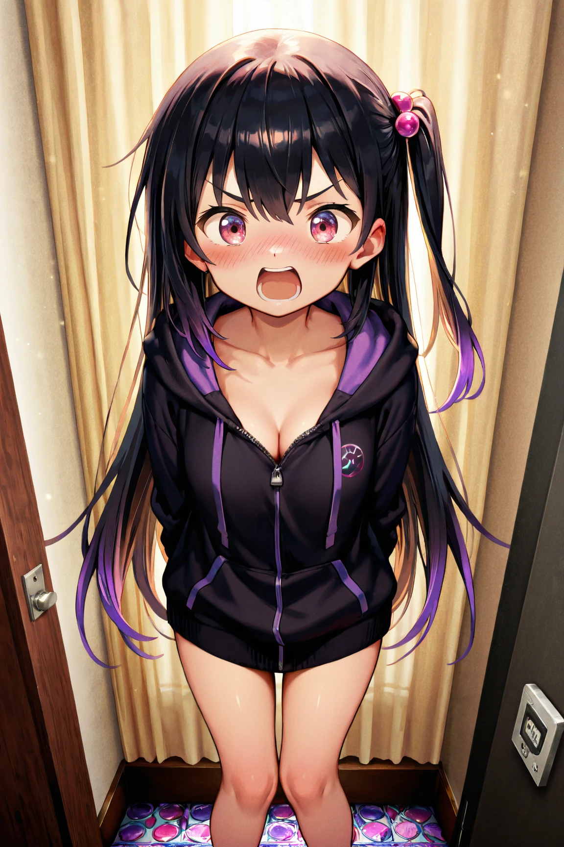 best quality, expressive eyes, perfect face, black hair, long twintails, straight bangs, pink eyes, smirking expression, pink hoodie, black thigh highs, pink lips, black panties, big breasts, adult, evil, any pose