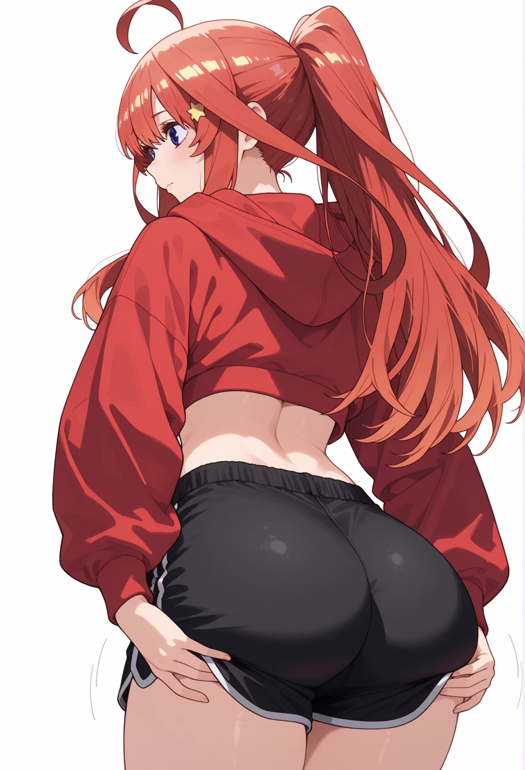 Beautiful woman with red hair wearing a white jacket with her torso discovered a tight black pants marking her panties sitting on a tube seen from behind