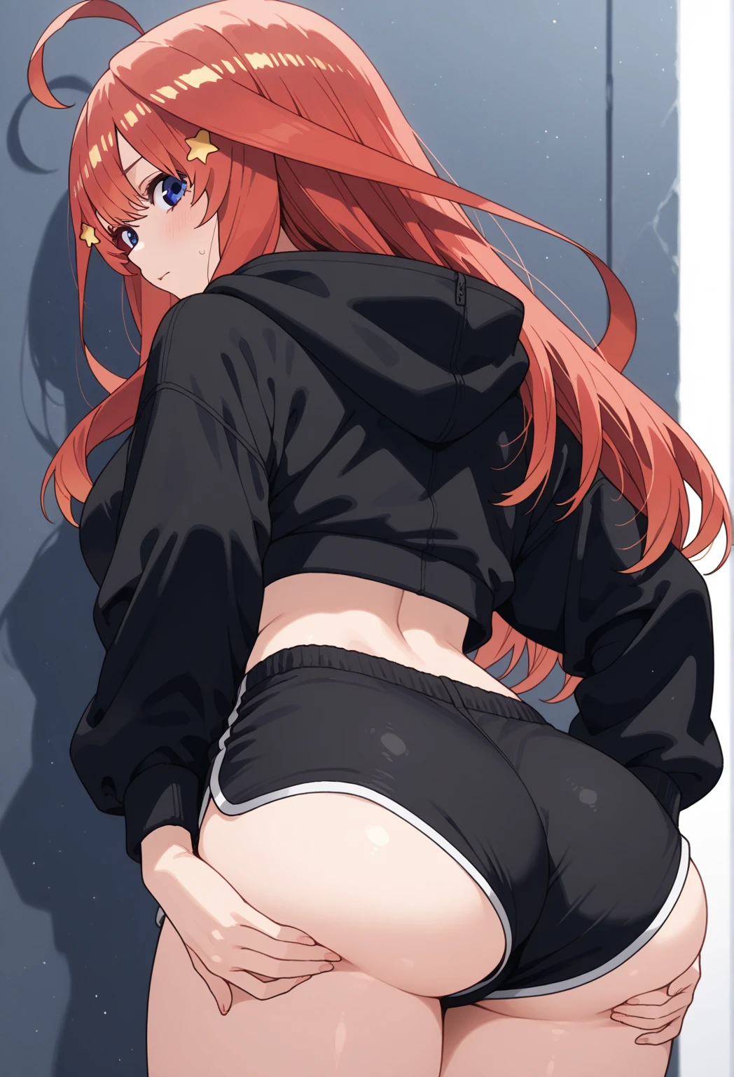 (nsfw),(masterpiece: 1.3),(ultra quality),(4k), bedroom background, beautiful anime woman, huge boobs, anatomically correct, underboob showing, red hair, green eyes, long hair, hair ornament, ponytail, long legs, black booty shorts, green hoodie, boobs out, underboob, seductive smile, horny, showing off, teasing, posing, masturbating, black shorts, booty shorts, ass showing, facing away from camera