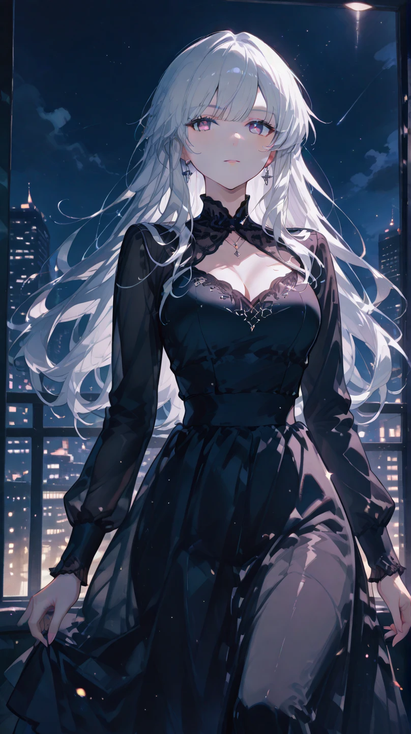 (best quality, ultra-detailed, photorealistic: 1.39), bright and vibrant colors, studio lighting, romantic expression, An effeminate girl, with a delicate and beautiful face. She is a girl who reflects seductive beauty, sparkling eyes, A beautiful adult woman beautiful and voluminous Short white, wavy hair, beautiful bangs, a seductive 2 woman with big breasts seduces, with her large breasts seduces, beautiful black dress, side slit, lace, long transparent sleeves , pose, with beautiful legs, , with her blue eyes, sensual smile, in a beautiful pose on the street, Japanese city, buildings, beautiful moon, anime style, like a manwha character