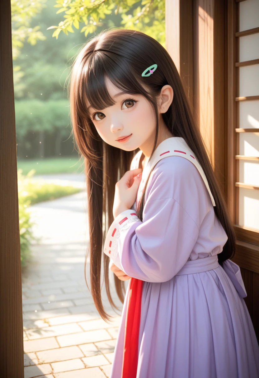 1 little girl, lily, twintails, brunette color hair, By bangs, casual chinese dress, flower, 9-year-old female model, Princess, Smile,