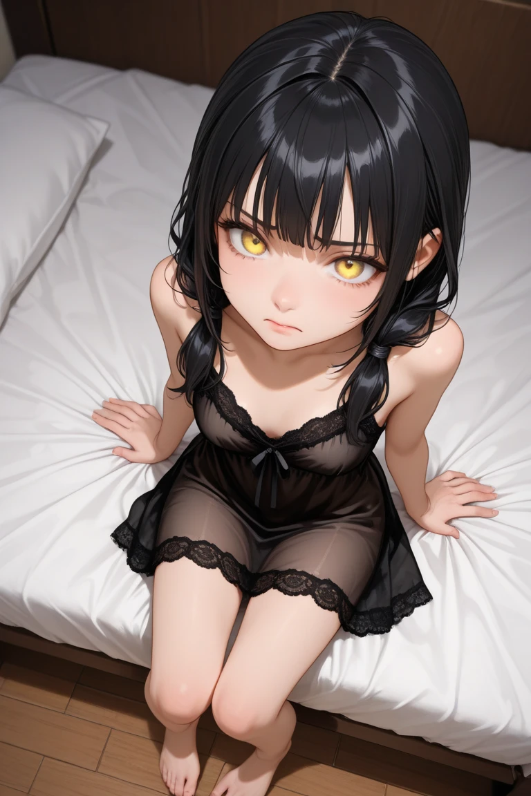 Hands Behind Back,Tied with hands behind back,lick,open mouth,tongue out,cum on tongue,front face,from front,front view,looking at viewer, looking ahead,from above,cowboy shot,1girl,twins,Beautiful 11 year old girl,Japanese,Slender,,low length,Small breasts,Thin legs,Small Ass,Baby Face,Small face,Black Hair,one side up,Blindfold,blindfold,middle School girls,A transparent black and yellow negligee,lingerie,Collar with leash,Kneeling,Straight Stand,Beautiful and detailed anime art,Desire expression,crave,Sexy vibe,Dimly lit room,On the bed,Simple Background,Gray background,Low lighting,
