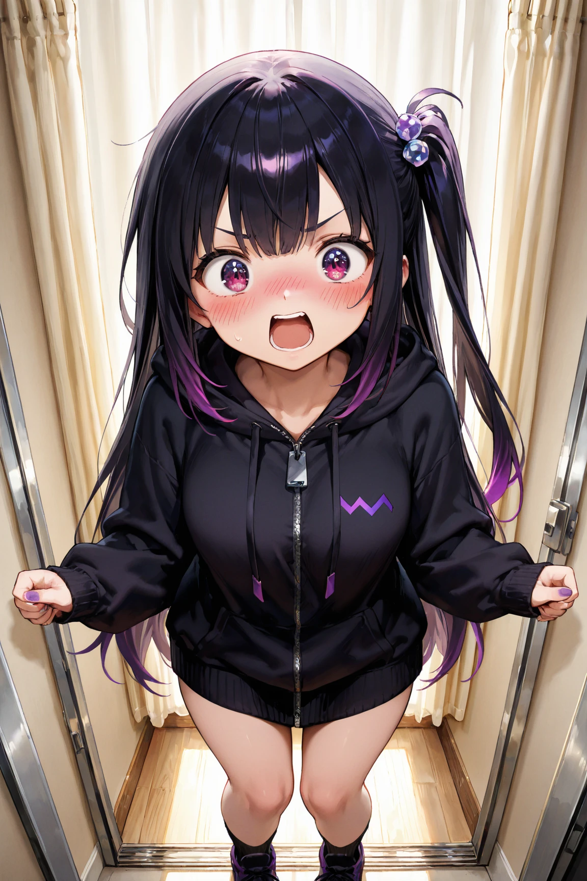 1 girl, small nose, very beautiful detailed face and eyes, bright colors, cute face, delicate beautiful face, Bright magenta eyes, cute eyes, sparkling eyes, Big eyes, (small breasts:1.3), (perky chest:1.1), (pointed chest:1.0), (icecream magazine cover:1.3)，highest quality, WorKs of masters, High resolution,BlacK color hair，shiny hair, side ponytail,hair between eyes,bangs, (black jacket, real clothes, cleavage, black skirts, black thighhighs, thigh strap, fingerless gloves, single glove:1.2) , spread legs, panties shot, medium hips, glamorous body, white skin, smile, thin pubric hair, super beautiful face, Super beautiful eyes, Super beautiful hair，trendy outfit，sexy and attractive,full body esbian, Real World, Natural light,perfect Natural light,(with sparkling eyes and a contagious smile), This masterpiece is not only visually stunning but also tells, make of cake cooking , in the kitchen, open mouth, looking at viewer,
