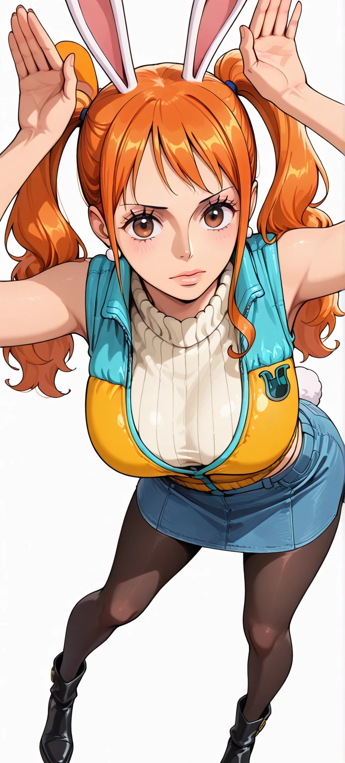 Generar una imagen realista de estilo anime de Nami de One Piece. Captura su apariencia distintiva con cabello naranja, una camisa, and a cheerful expression. Make sure the picture reflects your adventurous and confident personality as shown in the anime.., cuerpo completo, Plano amplio , NSFW, Curvy athletic body, Antecedentes de la isla,top de sujetador, falda, ojos naranjas, ojos naranjas, armpits, barriga, breasts