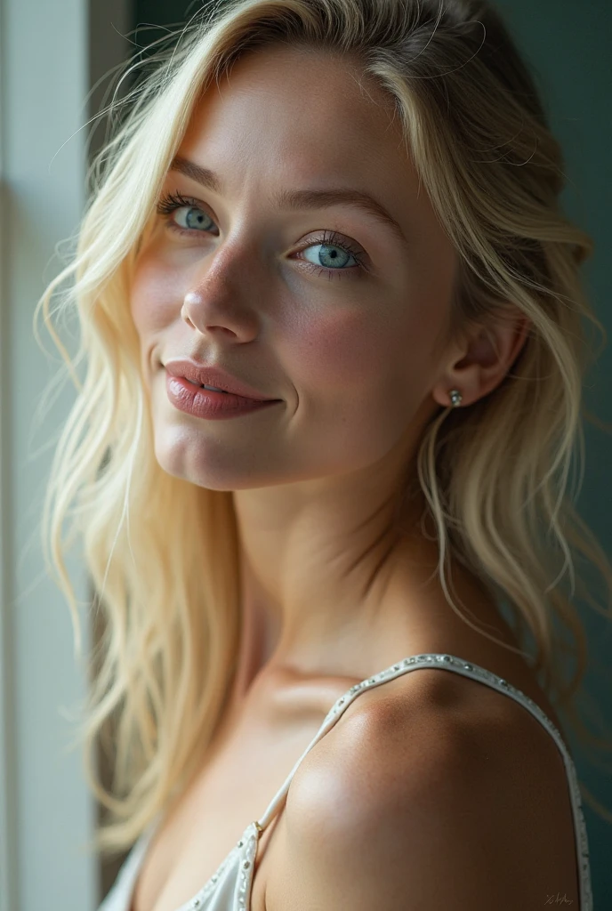 Portrait of a 24-year-old girl, precise, light blue eyes, blonde hair, smiles