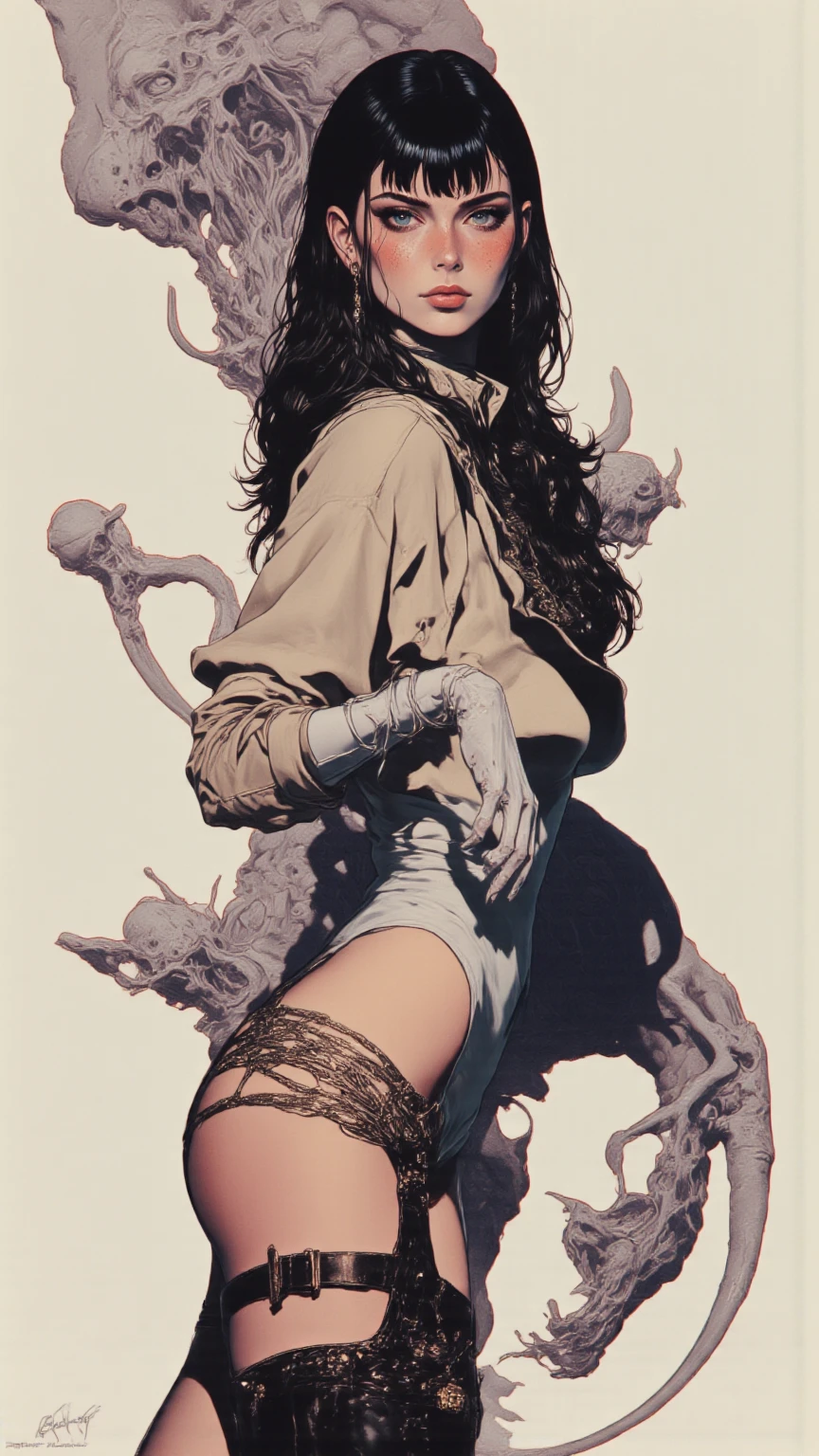 Woman alone, European woman, (((wide hips: 1.5))), 8k, absurd res, ((wide eyes: 1.4)), flawless face, girl with a soft body, (crisp black deco style formal business clothing), 1girl, average body, natural body, ((super wide hips: 1.3)), full body image, 1girls, solo, masterpiece, highly detailed, dark eyes, expressive detailed eyes, pale skin, wide eyed, detailed pupils, realistic skin, some freckles, realistic skin texture, ((small breasts: 1.3)), super detailed skin, smooth background, analog style, (chin length hair), ((dark hair: 1.5)), deco cyberpunk setting, (broad fat hips), entire head and body image, ((her entire head and body must be in view)), perfect anatomy, anatomically correct, ((pale skin)), ((wearing flat boots: 1.3))