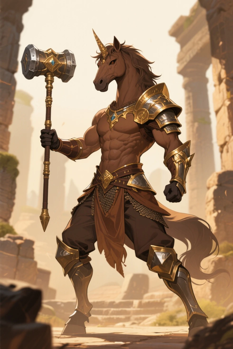 Top Quality, High-quality illustrations, the beautiful depiction of light seen in Vermeer's works, the intricate portrayal of muscles found in Michelangelo's works are highly admired, masterpiece, Dark Fantasy, Castle, Gatekeeper, absurdres, Perfect Anatomy(kemono, Beastman, Solo Focus, bulge in the crotch area) (Anthro,Horse Facial Features, Horse Body Features, Dense and Detailed Muscles)Full Body, Fighting Pose, Armor, Spear, Medieval Warrior, dense sweat,