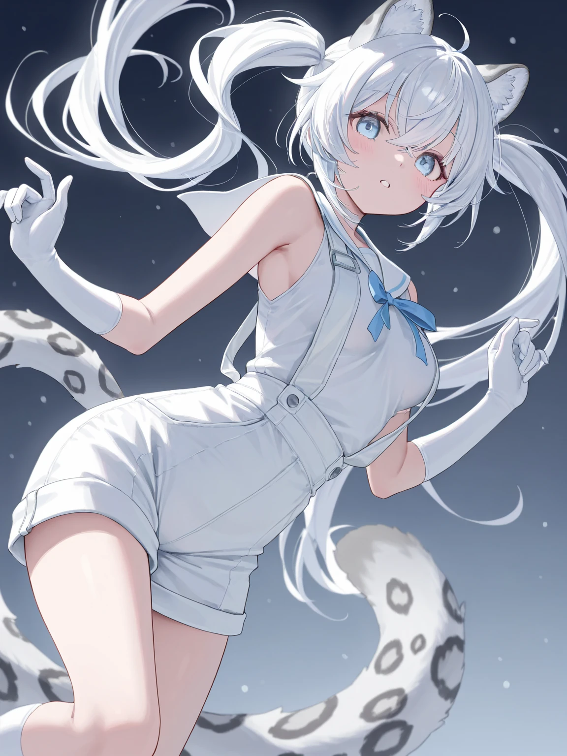 A girl is forced to dance in a white swimsuit, cute white hair, перчатки cat's paws, White Cat Ears, big pretty rude, White ponytail, my son is embarrassed, cat's paws, White background, sits and raises his hands showing his paws