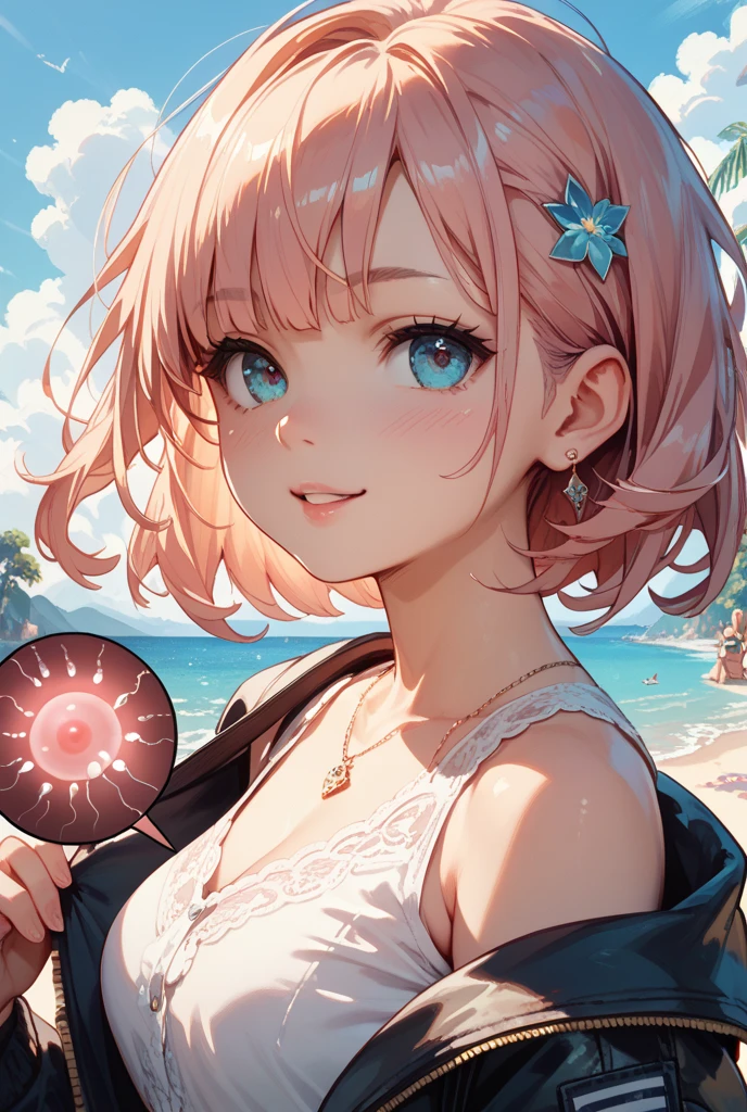 photoRealstic、Illustration of a girl on the beach,She is a magical girl、Magic wand and magic creatures