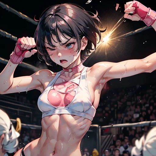 a male streetfighter and a female streetfighter are fighting in the backstree twith audience. {the male fighter is striking the female fighter's face by hard punch}. she is beautiful and young. she is covered in scars and bruises. she is damaged terribry. Short-cut black hair, out of breath, drooling from mouth, one eye is closed, exhausted, drenched in sweat. Erect nipples. open finger glove. Ragged white and pink lined sports bra, high leg panty, Stockings. armwarmers. Whittled waistline, muscular, six-pack abs.