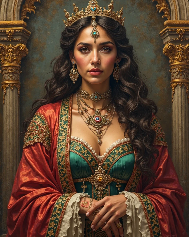 Best quality, masterpiece, ultra high resolution, baroque painting of a woman ((gypsy with a very beautiful round face)), delicate, slightly plump and perfect lips, ((gypsy of rare beauty, goddess of perfection, the most beautiful woman of the world)), long black cascading hair, green panther eyes, detailed eyes and face, Victorian era red dress, background Greek columns in a flower garden, dynamic lighting, in the dark, deep shadow, Discreet, Cowboy Full Body Shot, Victorian Era Style, a Goddess of beauty, portrait of a Goddess, In Bowater art style, Renaissance digital painting, in digital painting style, digital fantasy portrait, elegant digital painting, portrait fantasy art, portrait fantasy, inspired by Dante Gabriel Rossetti, baroque digital painting, digital art painting, Fine Art UHD 4K, beautiful fantasy portrait