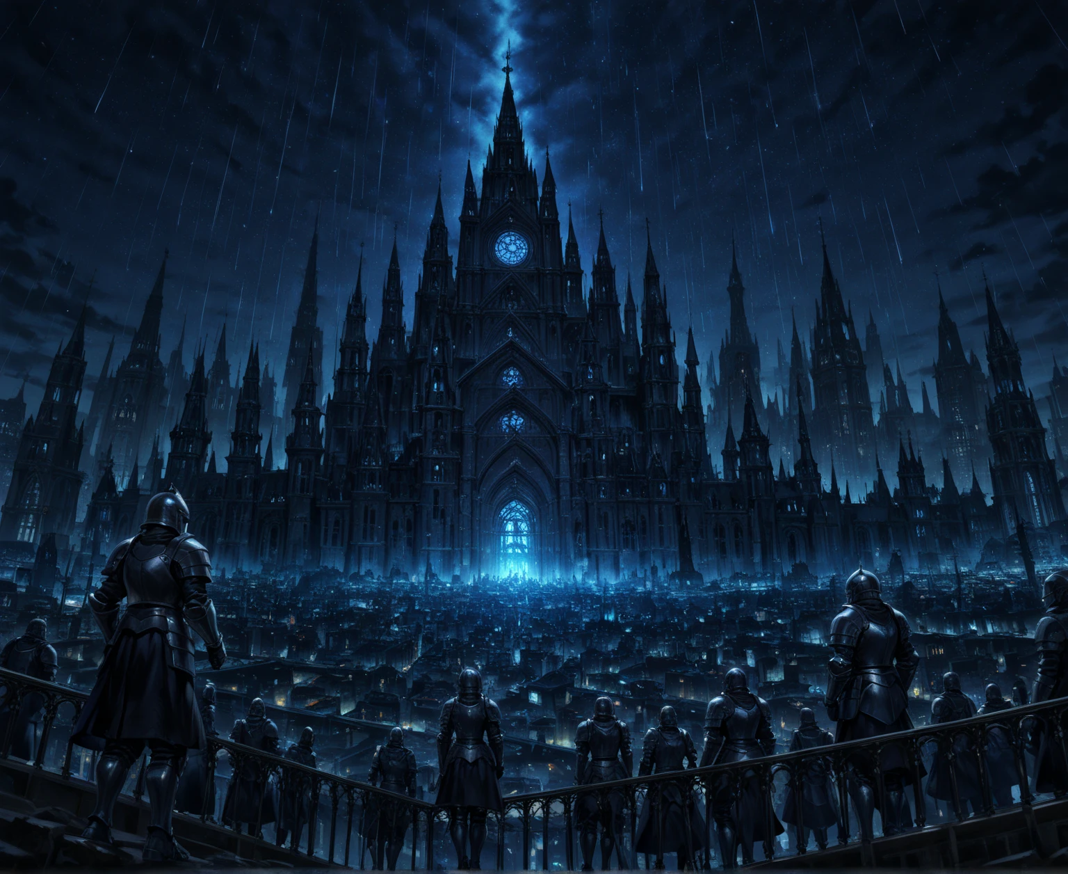 A group of troops stood in front of a large building，There is lightning in the sky, anor londo, cathedral of the sun, Demon King City，Fantasy art Behance, epic castle with tall spires, Epic fantasy digital art style, Epic fantasy art style, Symmetrical epic fantasy art, andreas rocha style, epic fantasy illustration, 4K fantasy art, Epic fantasy style art --auto