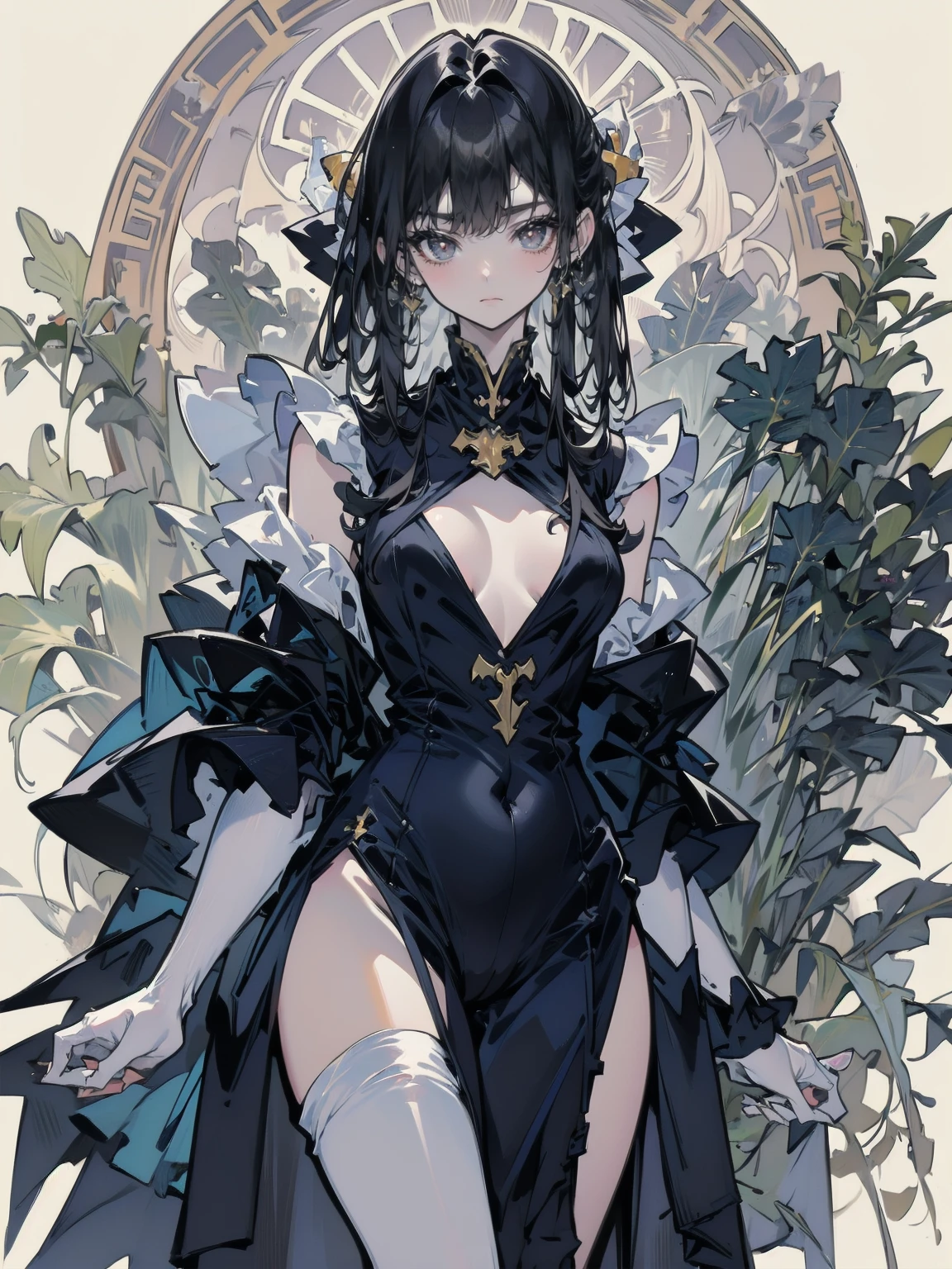 monochrome, watercolor, highres, top quality, best quality, paid reward available, High-quality illustrations, unparalleled masterpiece, perfect artwork, absurdres, 1girl, Archaic Smile, holding a cluster of gold flower in both hands, She is wearing a simple ring on the ring finger of her left hand, unfocused spread of gold flower,