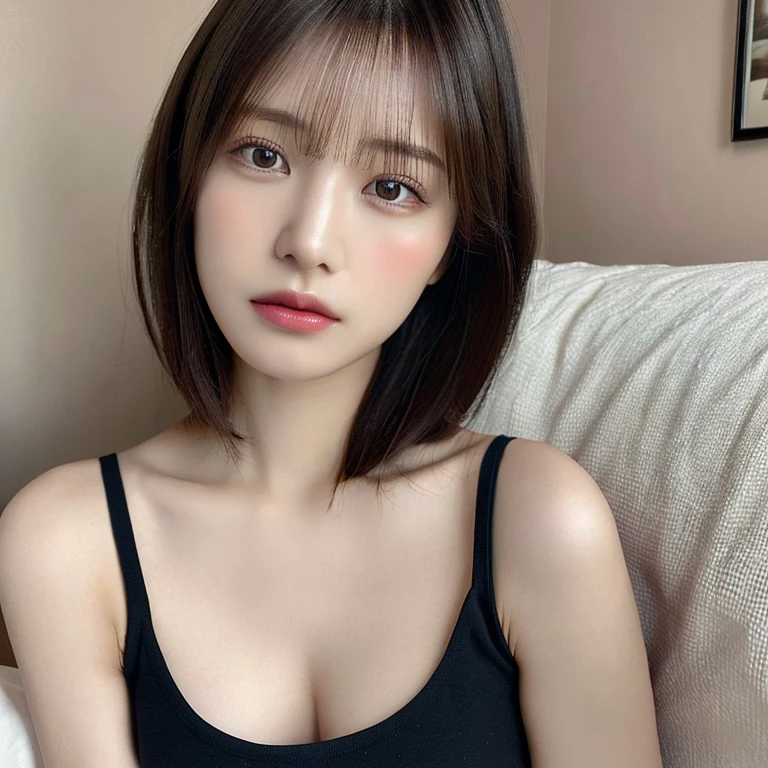 ((Realistic lighting, highest quality, 8k, masterpiece:1.3)), Sharp focus:1.2, 1 girl,short hair、 Beautiful woman with perfect figure:1.4, Slim Abs:1.1, ((Dark brown hair)), (Sexy crop top:1.4),(exterior,In the middle of the night:1.1),Sit on the bed in the room,Beautiful Eyes,double eyelid,Leaking all over her delicate breasts
