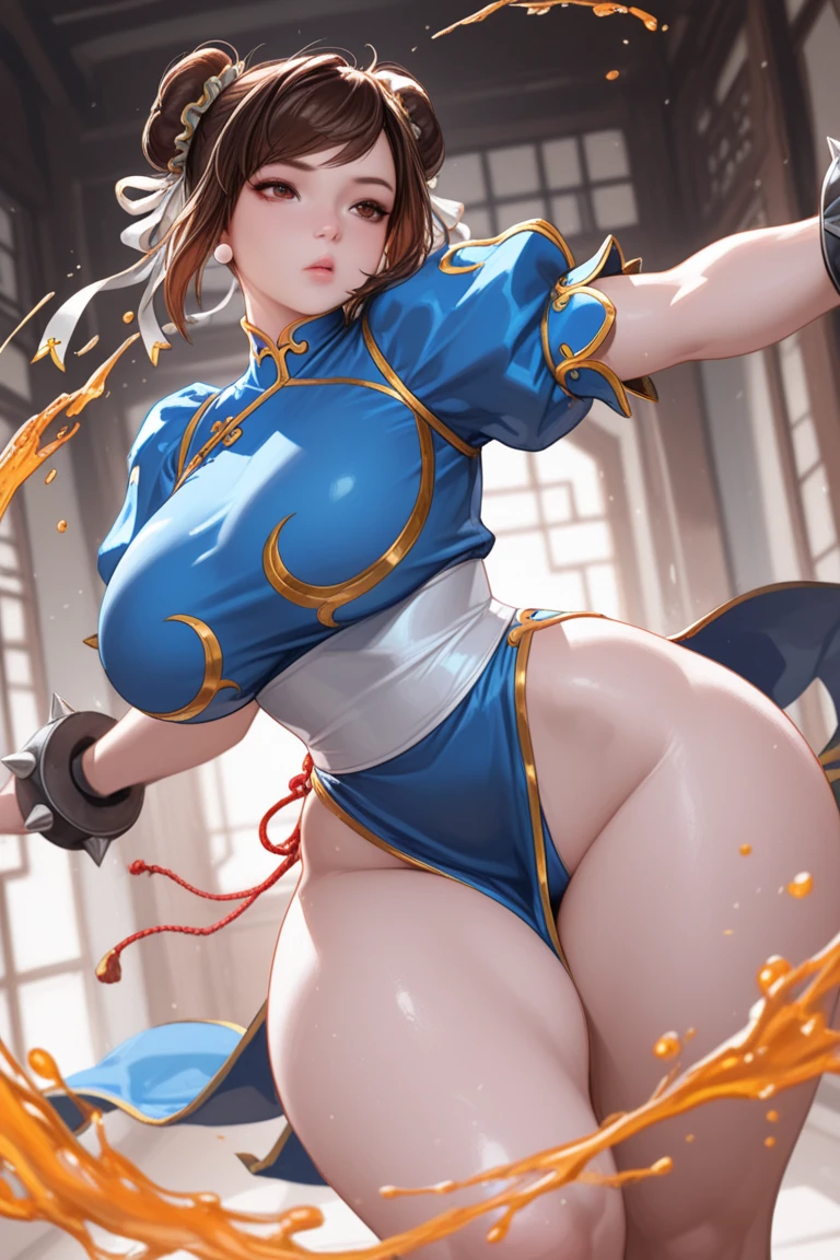 Street Fighter's Chun Li, Very Beautiful Girl, Small Man's Waist with Long Leg Proportions, Longeyelashes, Determined, White High Boots, Best Light and Shadow, Upside View, Capcom Style, Ultra HD, 8K, Real Skin, All Body is Water, Chun Li's Signature Action, Black Stockings, Watery Big Eyes, High Nose Bridge, Small Mouth, Big Breasts, Crotch Width, Chun Li's Classic Clothing, Mature, 30 years old, full body