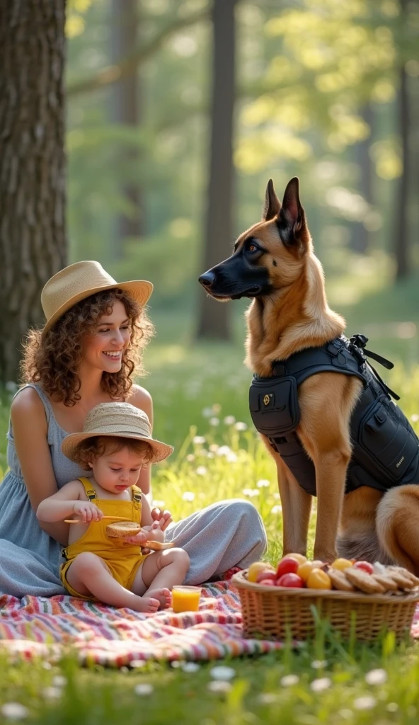 A German Shepherd dog interacting with children while wearing a funny hat