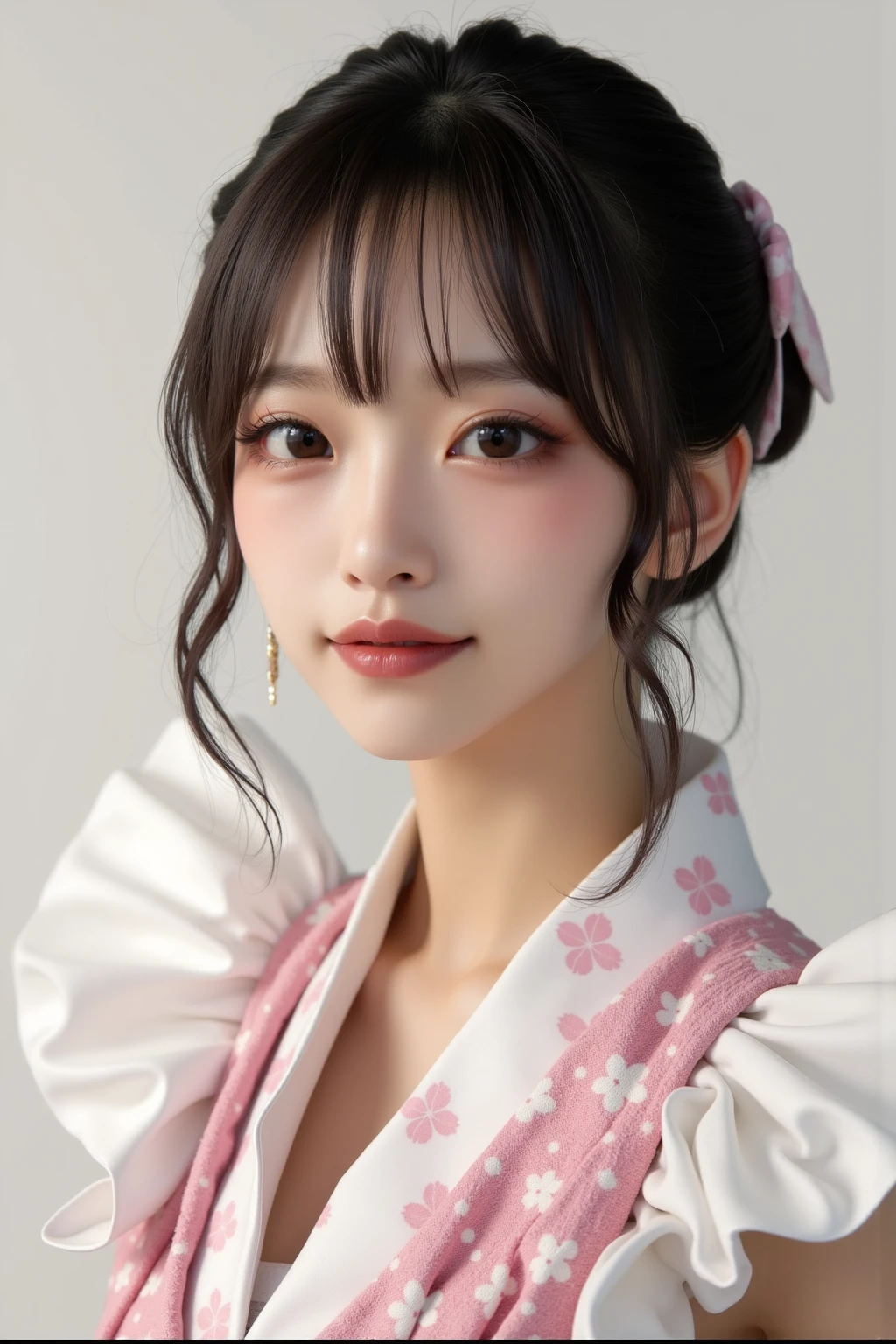 (realistic, photo-realistic:1.42), ultra-detailed, (ultra high res:1.1), (medium shot:1.5), ((half body shot:1.5)), (facing the viewer:1.65), woman, complex 3d render ultra detailed,  striking features, beauty, intricate details, dramatic composition, tension, contrast, texture, realism, high-quality rendering, stunning art, high quality, film grain, Fujifilm XT3,swirly bokeh,(realistic, photo-realistic:1.2),RAW photo, physically-based rendering,(looking at viewer:1.5),(8k, best quality, masterpiece:1.2),octane render, extremely detailed CG, unity 8k wallpaper, ((body is front facing the viewer:1.6)), good lighting, bright lighting, , (eye contact:1.5), (perfect face), (detailed face), ((black hair)), blush, 
((pink kimono:1.5)), (detailed elegant kimono), (flower patterns kimono),(outdoors), (blue skies), (some clouds),